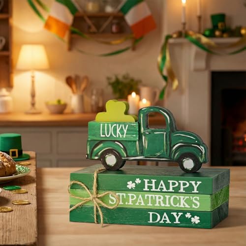 Sm:)e Smile St.Patrick's Day Wooden Book Stack Decor Green Shamrock & Lucky Truck Design, Freestanding Tabletop Shelf Wood Sign for Home Office - Image 3