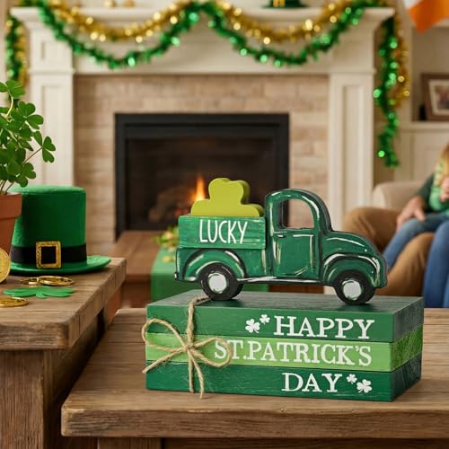 Sm:)e Smile St.Patrick's Day Wooden Book Stack Decor Green Shamrock & Lucky Truck Design, Freestanding Tabletop Shelf Wood Sign for Home Office - Image 4
