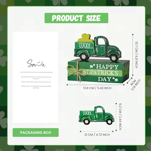 Sm:)e Smile St.Patrick's Day Wooden Book Stack Decor Green Shamrock & Lucky Truck Design, Freestanding Tabletop Shelf Wood Sign for Home Office - Image 2