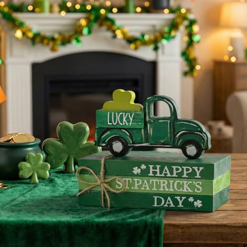Sm:)e Smile St.Patrick's Day Wooden Book Stack Decor Green Shamrock & Lucky Truck Design, Freestanding Tabletop Shelf Wood Sign for Home Office - Image 5