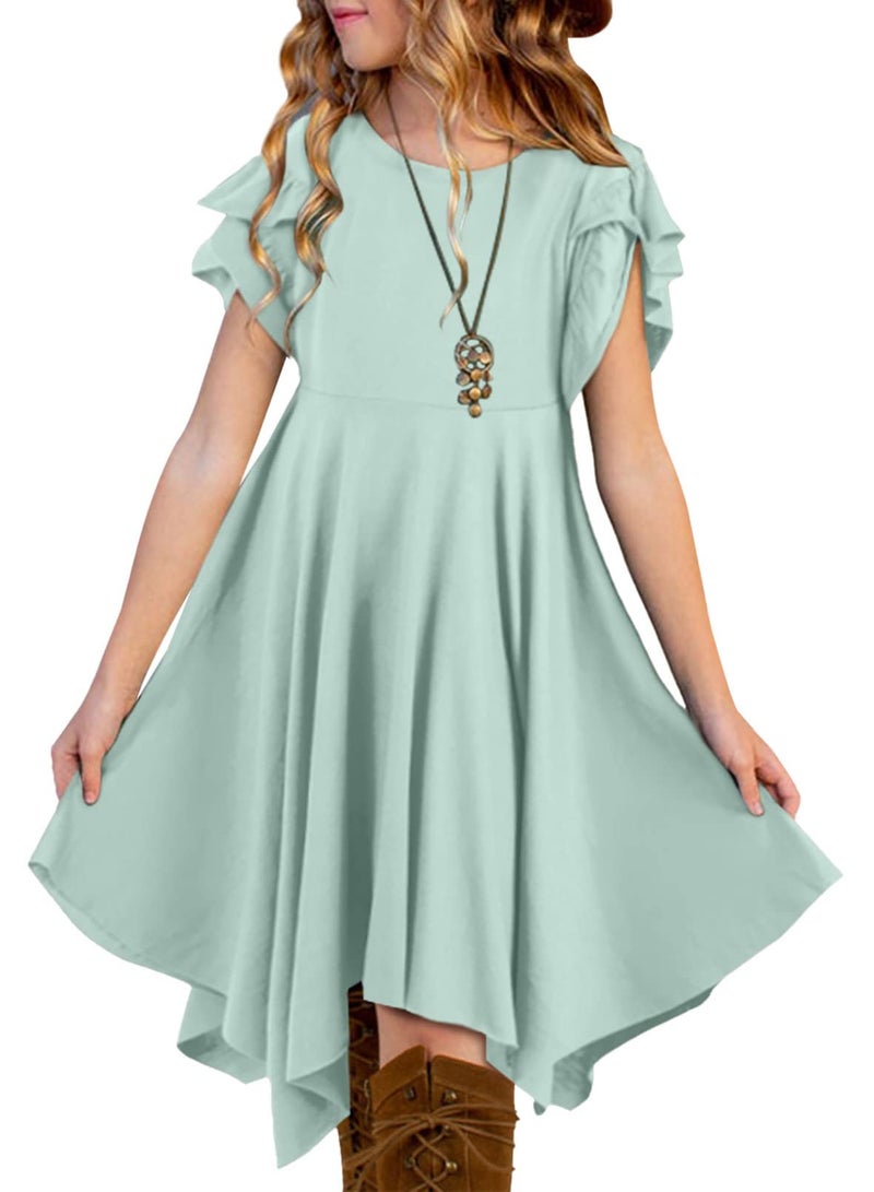 blibean Tween Girls Summer Dress Boho Short Sleeve Dresses Cute Clothes High Low Outfits Teen Trendy Clothing Size 12-13 Years Old Light Green - Image 1