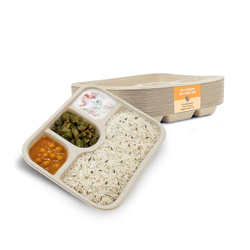 SANWALSA [4-Compartment, 15 Count, Beige Disposable Bagasse Plates | Eco-Friendly Sugarcane Meal Tray for Wedding, Party, Picnic, Event | Mess-Free Sections - Image 1