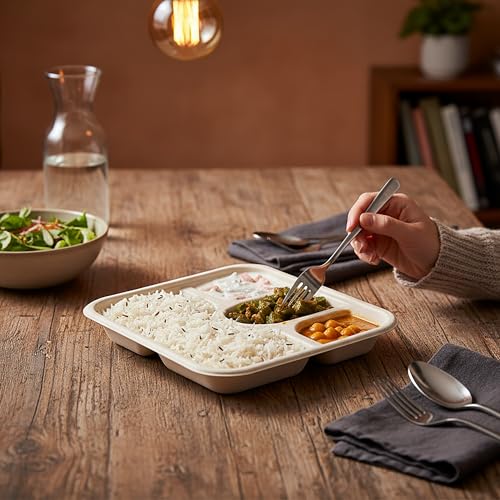 SANWALSA [4-Compartment, 15 Count, Beige Disposable Bagasse Plates | Eco-Friendly Sugarcane Meal Tray for Wedding, Party, Picnic, Event | Mess-Free Sections - Image 4