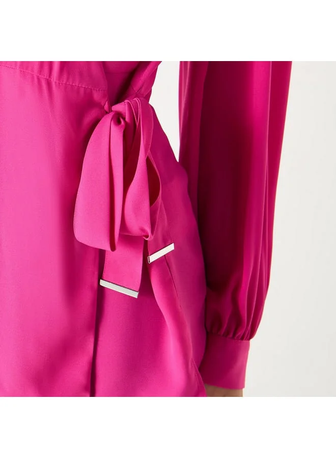 Iconic Iconic Solid V-neck Top with Tie-Ups and Long Sleeves