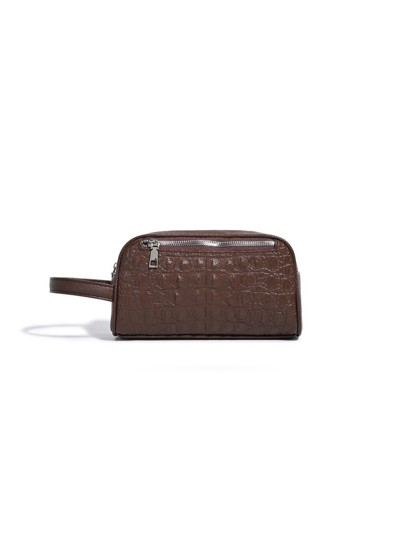 Embossed Brown Travel Toiletry Bag with Wrist Strap and Metal Zipper - Image 4