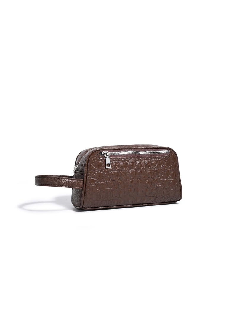 Embossed Brown Travel Toiletry Bag with Wrist Strap and Metal Zipper - Image 5