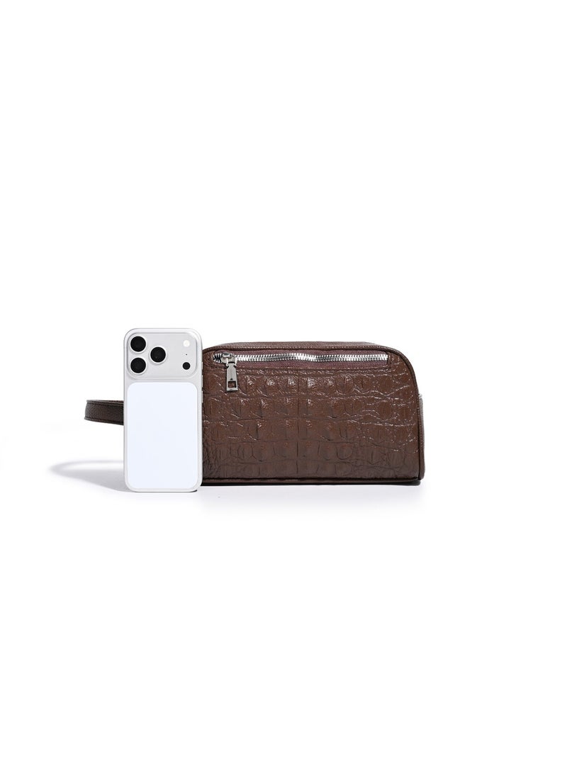 Embossed Brown Travel Toiletry Bag with Wrist Strap and Metal Zipper - Image 3