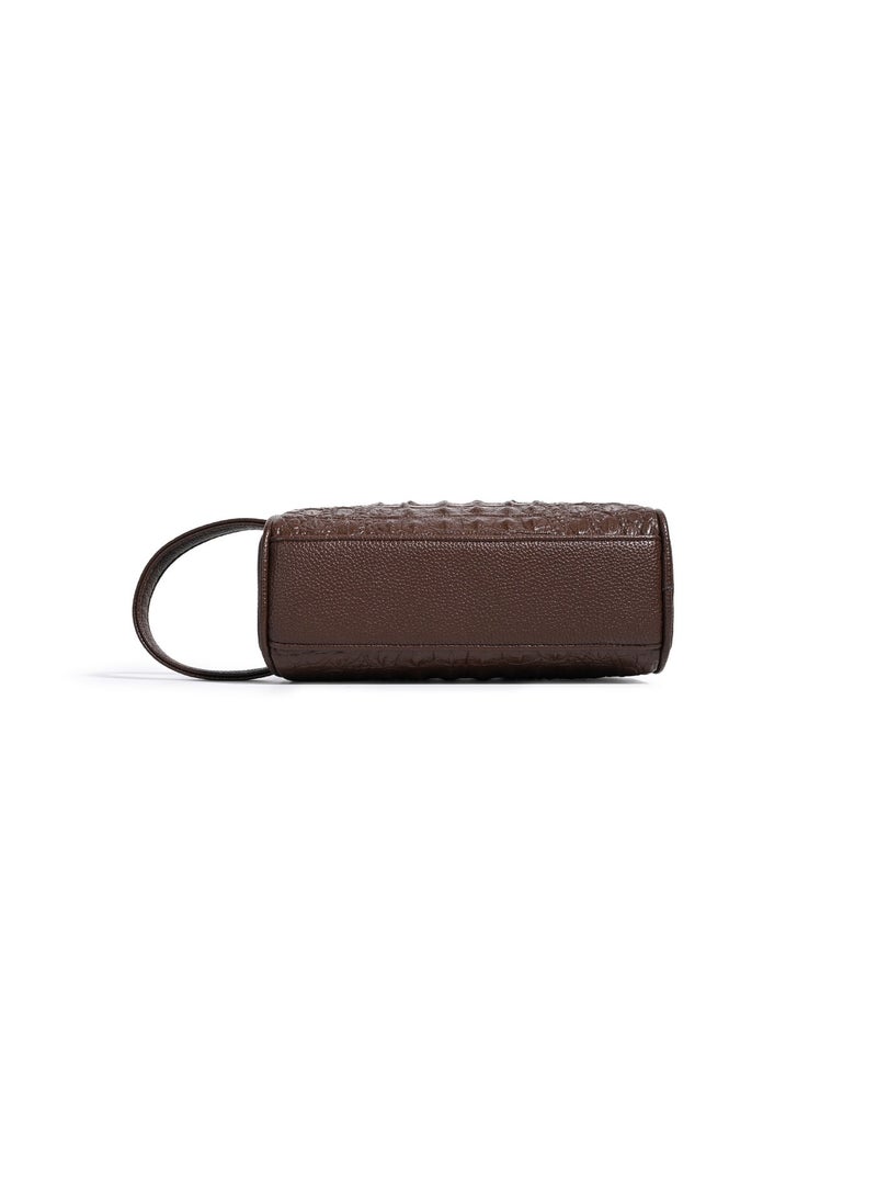 Embossed Brown Travel Toiletry Bag with Wrist Strap and Metal Zipper - Image 2