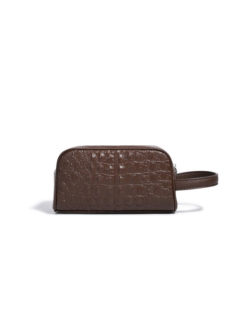 Embossed Brown Travel Toiletry Bag with Wrist Strap and Metal Zipper - Image 1