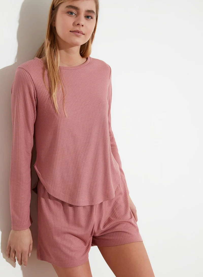 trendyol Curved Hem Ribbed T-Shirt & Shorts Set