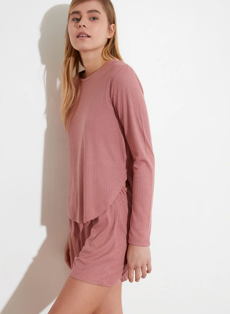 trendyol Curved Hem Ribbed T-Shirt & Shorts Set