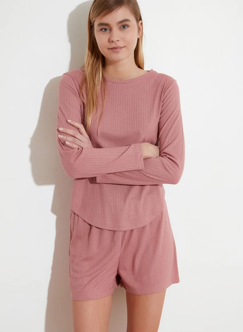 trendyol Curved Hem Ribbed T-Shirt & Shorts Set