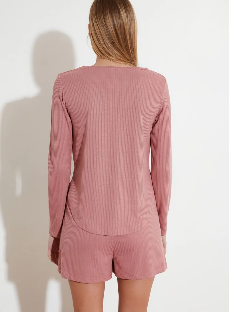trendyol Curved Hem Ribbed T-Shirt & Shorts Set