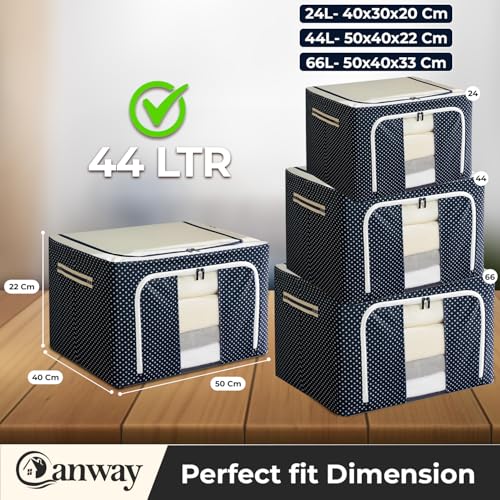 CANWAY 44L Pack of 2 Foldable Wardrobe Storage Box with Steel Frame & Clear Window | Clothes Organizer for Wardrobe | Cloth Organizer for Storage – Saree, Blanket & Clothes |50 * 40 * 22 CM |Blue - Image 3