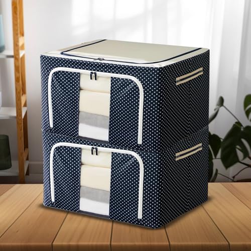 CANWAY 44L Pack of 2 Foldable Wardrobe Storage Box with Steel Frame & Clear Window | Clothes Organizer for Wardrobe | Cloth Organizer for Storage – Saree, Blanket & Clothes |50 * 40 * 22 CM |Blue - Image 2