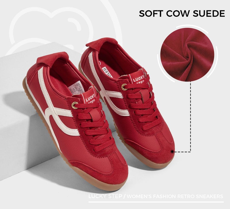 LUCKY STEP Women's Retro Fashion Sneakers Thin Sole Casual Walking Lightweight Tennis Trainers Running Gym Workout Classic Comfortable Athletic Shoes(Red,8.5) - Image 3