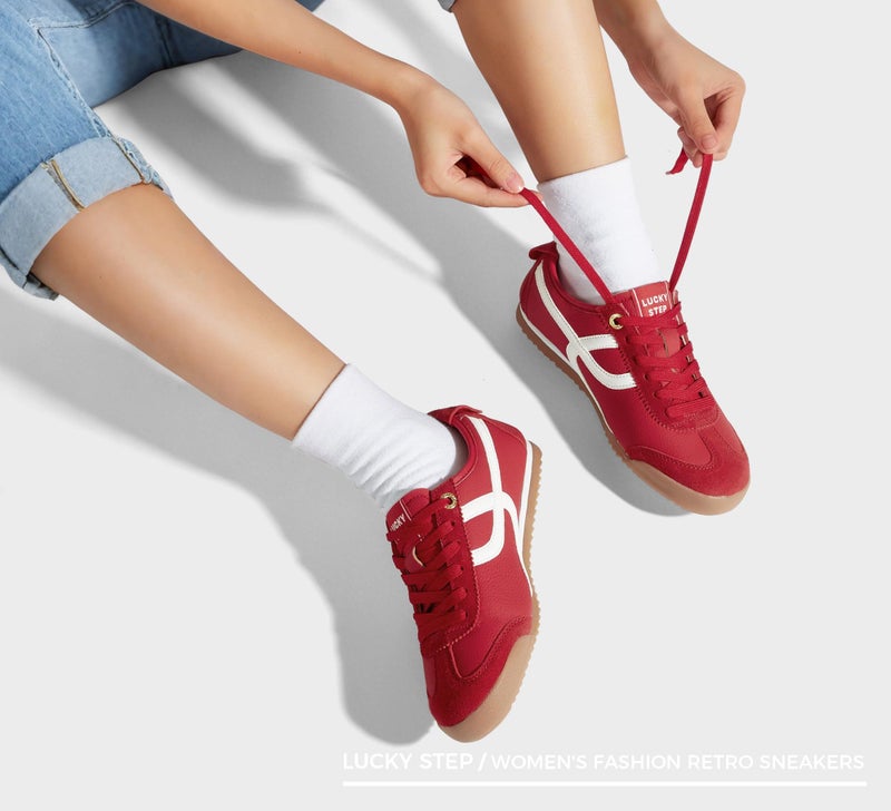 LUCKY STEP Women's Retro Fashion Sneakers Thin Sole Casual Walking Lightweight Tennis Trainers Running Gym Workout Classic Comfortable Athletic Shoes(Red,8.5) - Image 2