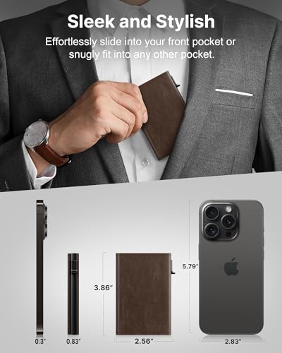 typecase محفظة رجال من تايب كيس: علبة ألومنيوم قابلة للفتح، جلد طبيعي، ذكي، مانع RFID، نحيف، بسيط، جيب أمامي - سعة 9-14 بطاقة | نافذة هوية | فتحة نقود (أسود بني) - Image 4