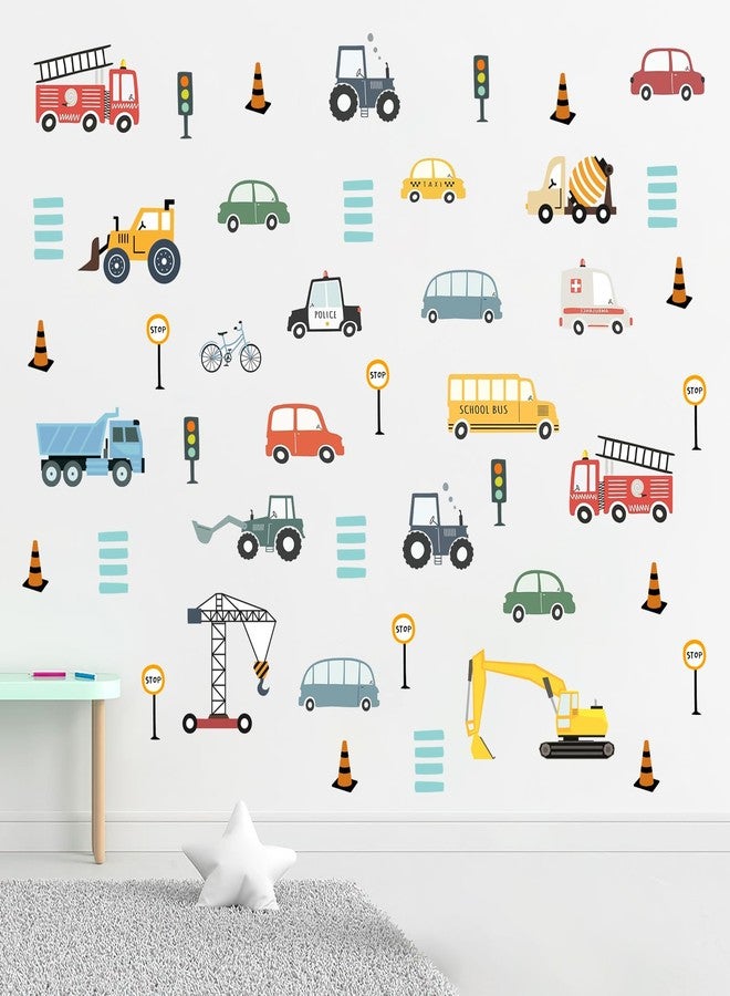 Mfault Cartoon Vehicle Car Wall Decals Stickers, Colorful Transportation Construction Truck Excavator Tractor Nursery Decorations Kids Bedroom Art, Traffic Sign Boys Toddlers Baby Room Playroom Decor - Image 1