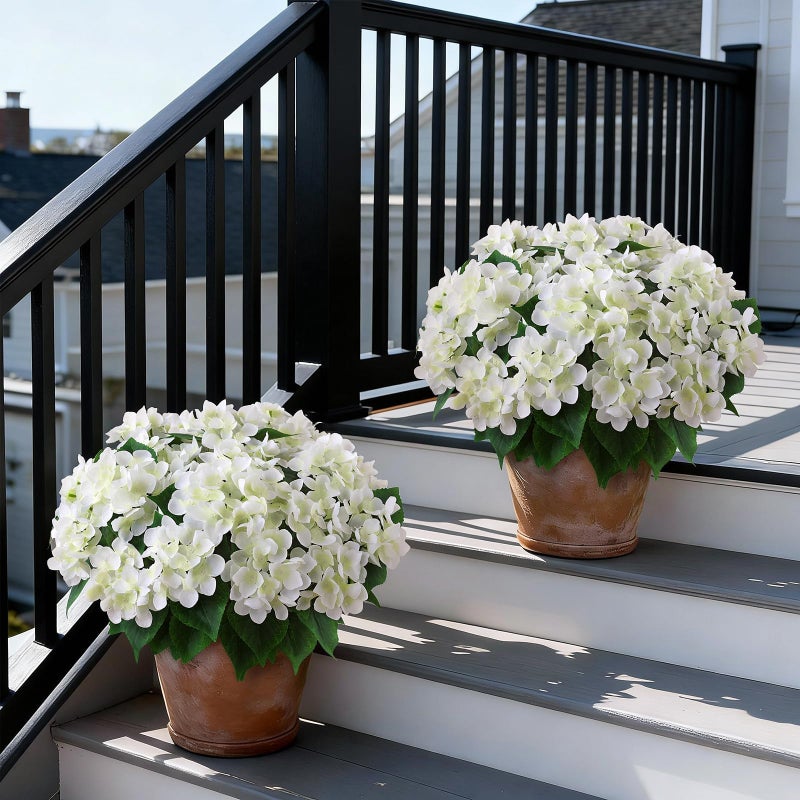 FOTEEWL Artificial Hydrangea Flower Topiary Trees - 2 Sets Faux Silk Flower Potted Plant, UV Resistant Fake Outdoor Hydrangea Bush for Front Door, Farmhouse,Garden, Porch Decor (White) - Image 2