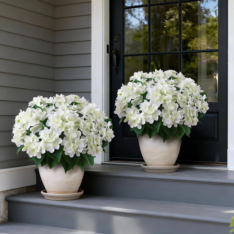 FOTEEWL Artificial Hydrangea Flower Topiary Trees - 2 Sets Faux Silk Flower Potted Plant, UV Resistant Fake Outdoor Hydrangea Bush for Front Door, Farmhouse,Garden, Porch Decor (White) - Image 3