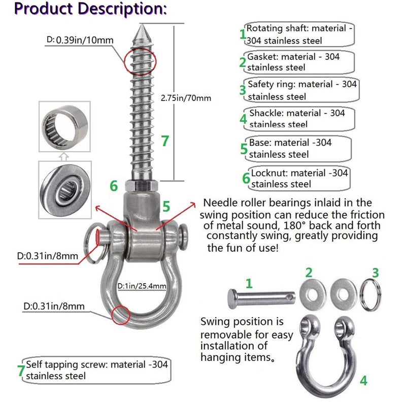 Dakzhou 4 Heavy Duty Swing Hangers Permanent Anti Rust Bearing, 180 Swing Hardware, 1500 LBS, 304 Stainless Steel Color - Image 2
