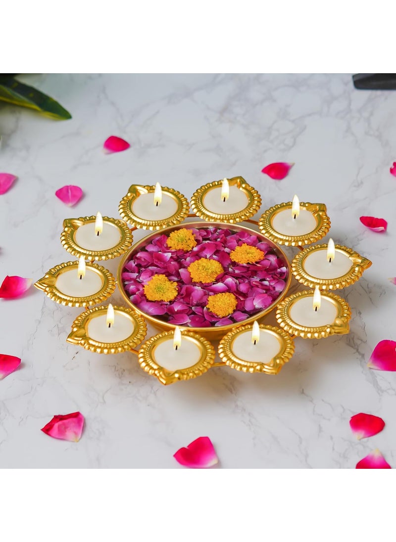 Webelkart Webelkart Premium Diya Shape Gold Plated Decorative Urli Bowl with Wax Candle for Home Decor Handcrafted Bowl Diwali Decor Item (10" Inches)  - Image 1
