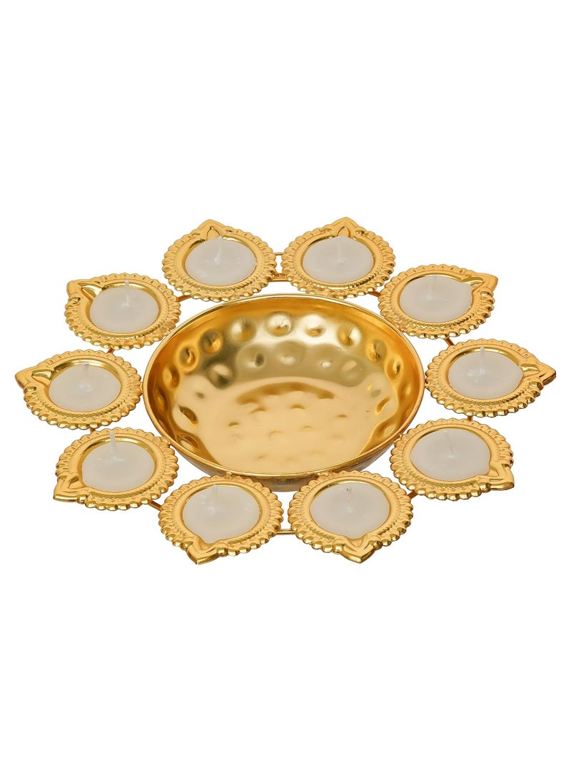Webelkart Webelkart Premium Diya Shape Gold Plated Decorative Urli Bowl with Wax Candle for Home Decor Handcrafted Bowl Diwali Decor Item (10" Inches)  - Image 4