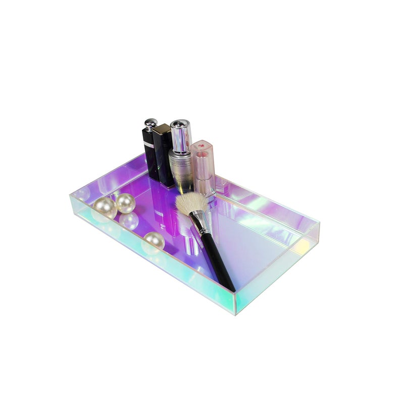 Acrylic Tray  Iridescent Vanity Tray with NonSlip Base for Bathroom Bedroom  Countertop Decorative Organizer for Jewelry Makeup Perfume Soap Dispenser 105 L x 55 W x 1 H