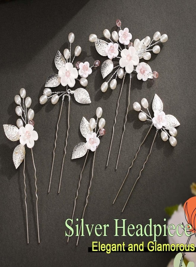 JEAIRTS 5Pcs Flower Wedding Hair Pins Silver Bridal Pearl Hair Accessories for Brides - Image 2