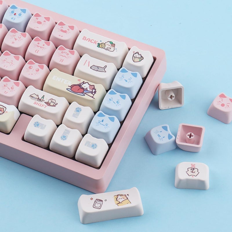 TYRIXKI PBT Keycaps 142 Keys Pink Blue Meow Meow Cat Keycaps Dye-Sublimation Cute Keycap Mao Profile Custom Keycap for Cherry Gateron MX Swithes Mechanical Gaming Keyboards - Image 5