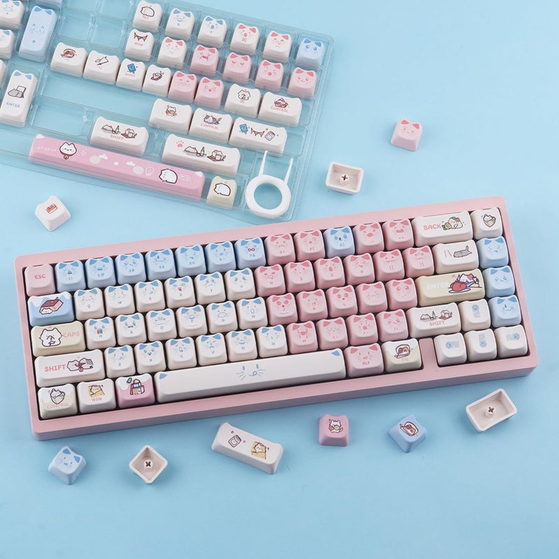 TYRIXKI PBT Keycaps 142 Keys Pink Blue Meow Meow Cat Keycaps Dye-Sublimation Cute Keycap Mao Profile Custom Keycap for Cherry Gateron MX Swithes Mechanical Gaming Keyboards - Image 2