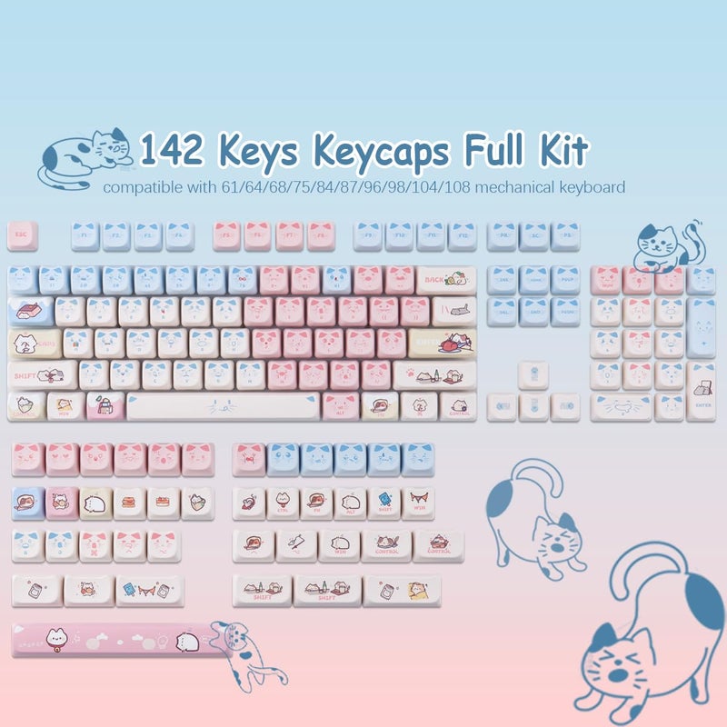 TYRIXKI PBT Keycaps 142 Keys Pink Blue Meow Meow Cat Keycaps Dye-Sublimation Cute Keycap Mao Profile Custom Keycap for Cherry Gateron MX Swithes Mechanical Gaming Keyboards - Image 4