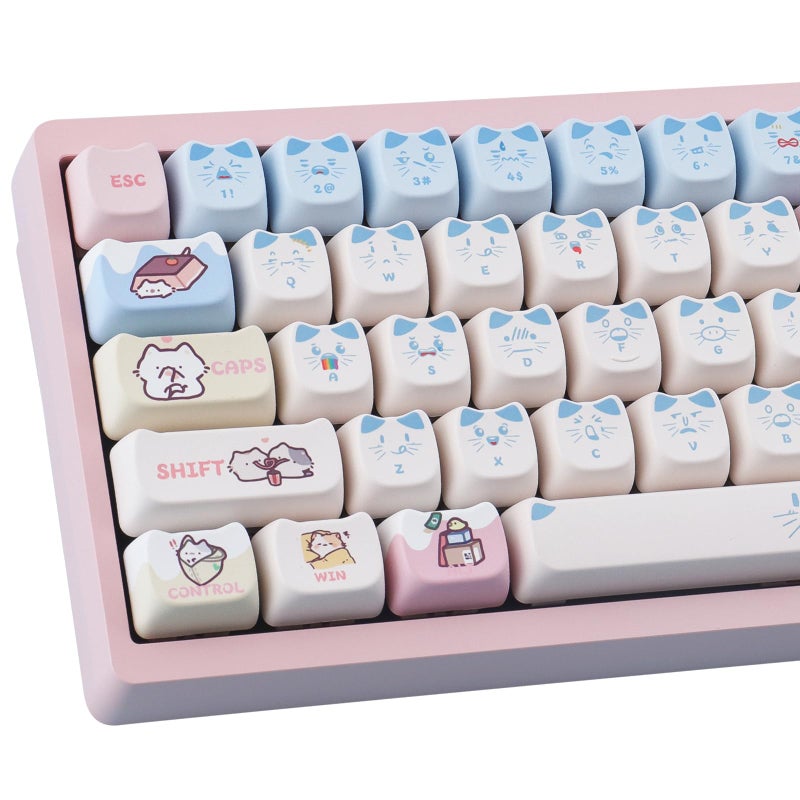 TYRIXKI PBT Keycaps 142 Keys Pink Blue Meow Meow Cat Keycaps Dye-Sublimation Cute Keycap Mao Profile Custom Keycap for Cherry Gateron MX Swithes Mechanical Gaming Keyboards - Image 1