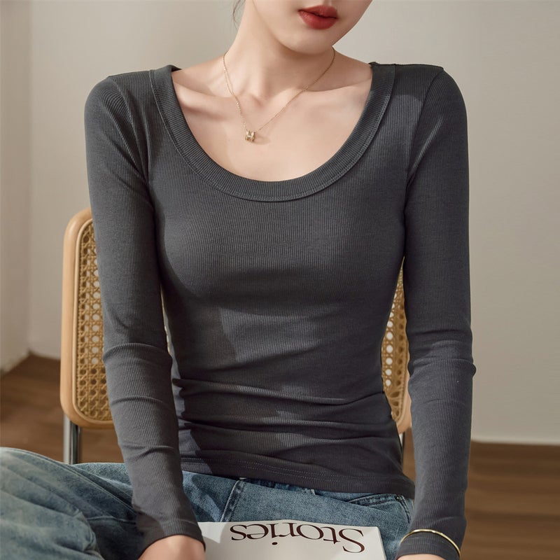 No Fear Goods Biyou Cotton Threaded U-Neck Long-Sleeved T-Shirt for Women 2025 Autumn and Winter New Slim Fit Top Bottoming Shirt Korea - Image 1