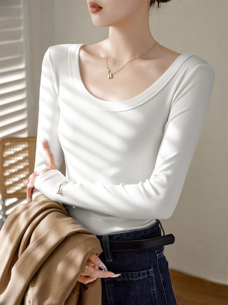 No Fear Goods Biyou Cotton Threaded U-Neck Long-Sleeved T-Shirt for Women 2025 Autumn and Winter New Slim Fit Top Bottoming Shirt Korea - Image 5
