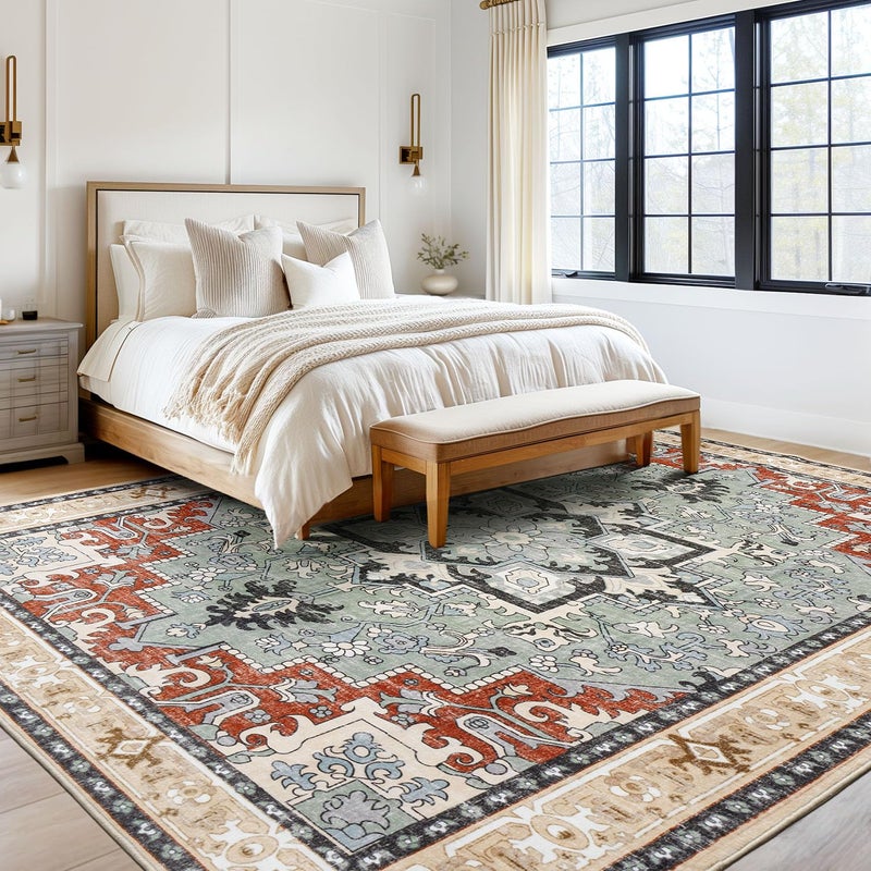 Lofus 5x7 Area Rugs for Living Room and Bedroom, Machine Washable Rug for Kitchen Office, Non Slip Low Pile Carpet for Kids and Pets, Vintage Boho Soft Carpets, Beige Orange - Image 2