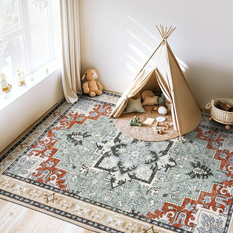 Lofus 5x7 Area Rugs for Living Room and Bedroom, Machine Washable Rug for Kitchen Office, Non Slip Low Pile Carpet for Kids and Pets, Vintage Boho Soft Carpets, Beige Orange - Image 3