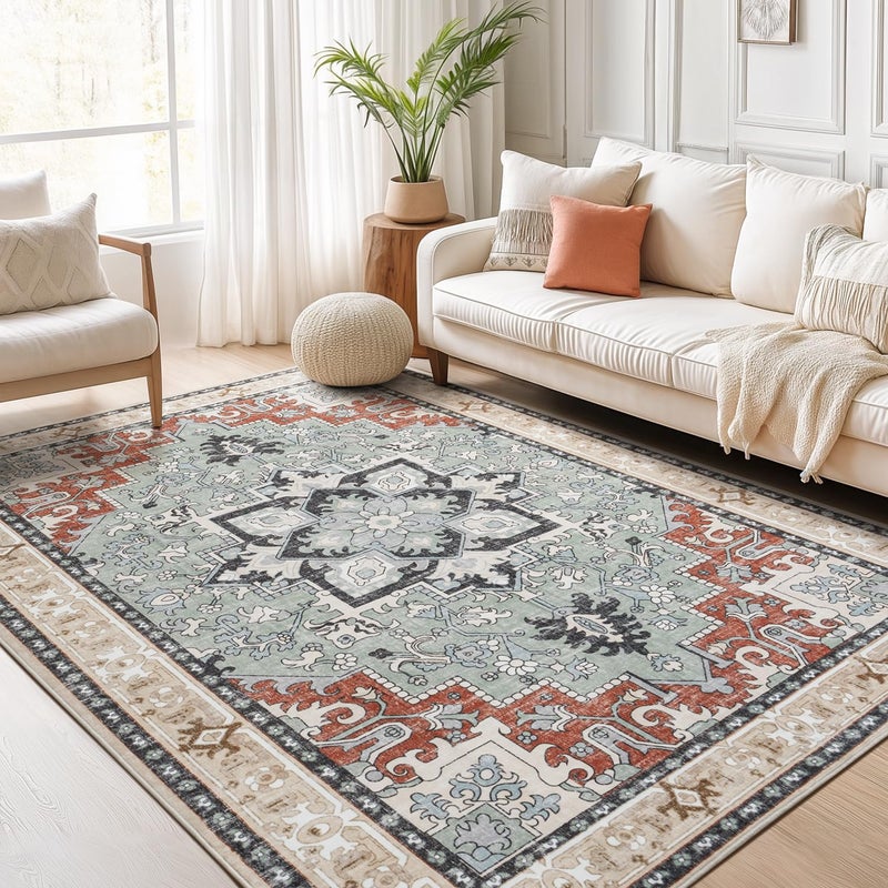 Lofus 5x7 Area Rugs for Living Room and Bedroom, Machine Washable Rug for Kitchen Office, Non Slip Low Pile Carpet for Kids and Pets, Vintage Boho Soft Carpets, Beige Orange - Image 1