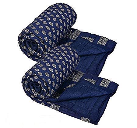 SVT Traditional Famous Jaipuri Beautiful Floral Print in Blue Base Gold Silver Print Jaipuri RajaiRazaiQuilt SingleSingle Bed QuiltComforterAC QuiltAC ComforterSet of 2 - Image 1