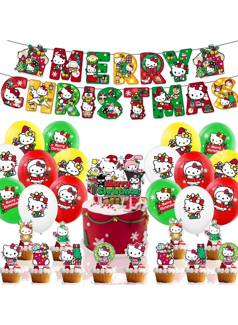 عام ديكور حفل عيد الميلاد بموضوع "كيتي القط" (Hello Kitty Christmas): لفافة عيد الميلاد بها لافتة عيد ميلاد كيتي القط، بطاقة إدخال الكعكة، بالونات لحفل العيد، وجميع مستلزمات الديكور الخاصة بحفل العيد بموضوع كيتي القط. - Image 1