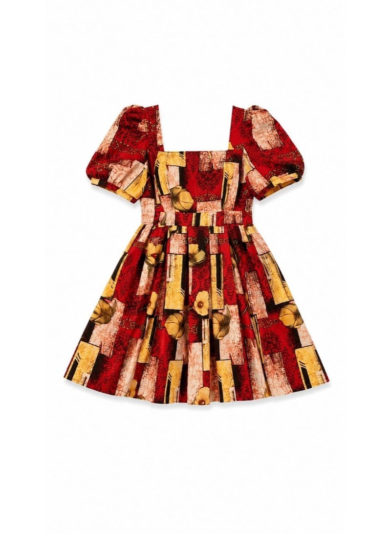 Printed Puff Sleeve Mini Dress | Square Neck A-Line Casual Skater Dress with Floral Geometric Print - Image 2