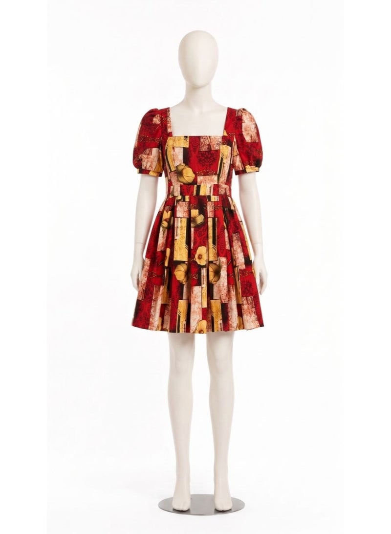 Printed Puff Sleeve Mini Dress | Square Neck A-Line Casual Skater Dress with Floral Geometric Print - Image 4