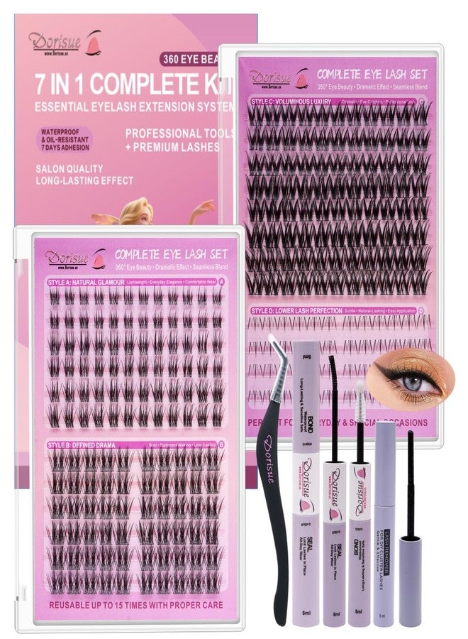Dorisue Doruisue Volume Lash Clusters Kit 268PCS Professional 7-in-1 Complete System Individual Eyelashes Bond Seal Remover 3 Upper 1 Lower Dramatic False Lashes Extension Kit Tweezers - Image 1