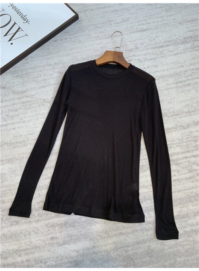 Comfortable Lightweight Elastic Slim-fit Wool Tencel Crewneck Long-sleeved Base T-shirt Women's Spring Summer New