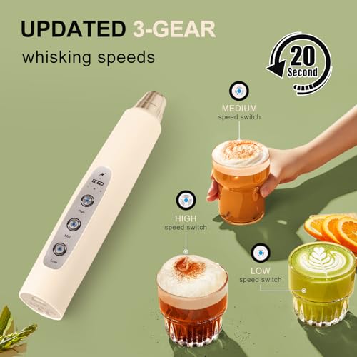 YUSWKO Beige Handheld Milk Frother Wand for Coffee, Rechargeable Electric Whisk with 3 Heads 3 Speeds Drink Mixer Coffee Frother For Latte, Cappuccino, Hot Chocolate, Egg - Image 3