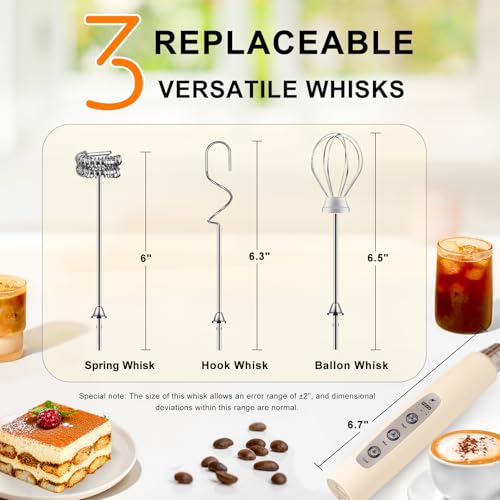 YUSWKO Beige Handheld Milk Frother Wand for Coffee, Rechargeable Electric Whisk with 3 Heads 3 Speeds Drink Mixer Coffee Frother For Latte, Cappuccino, Hot Chocolate, Egg - Image 4