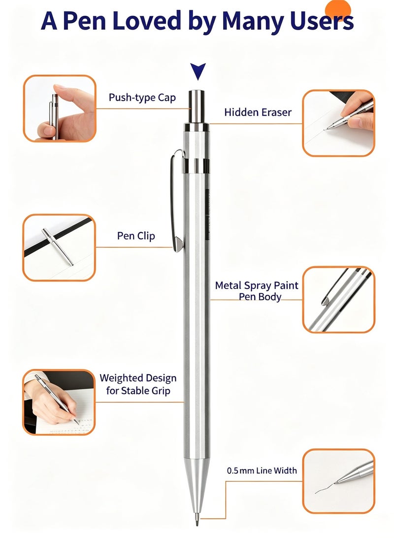 Mechanical Pencil, 0.5mm Metal Automatic Pencil Set with Lead Refills and Eraser, for Students and Drafting, Silver - Image 3