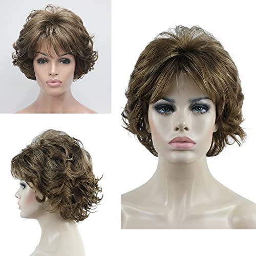Aimole Short Curly Synthetic Wigs Full Capless Hair Womens Thick Wig for Everyday 12TT26 Light Reddish Golden Brown with Bright Golden Blonde Highlighted - Image 3