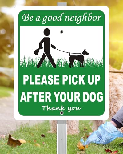 i-CowFun Heavy Duty Aluminum Pick Up After Your Dog Sign, 12" x 10" Metal Please Clean Up After Your Dog Signs With 28" Stake, Be A Good Neighbor Pick Up Your Dogs Poop Yard Sign, Polite, Weather Resistant - Image 1
